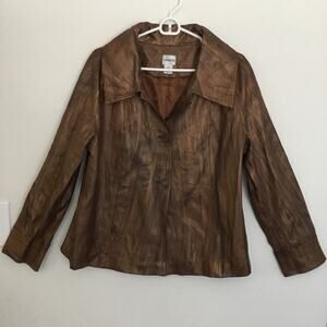 Chico's Women's Bronze Leather Coat Lined Flare Large Collar Slit Pockets Sz 2 M